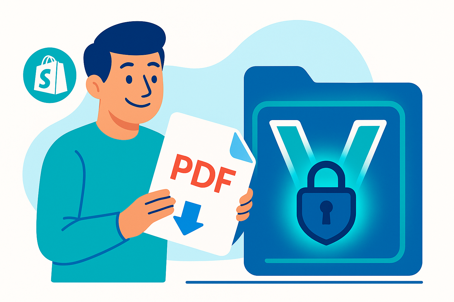 Hero Illustration: Shopify store owner drops a PDF into a glowing lock-shaped vault
